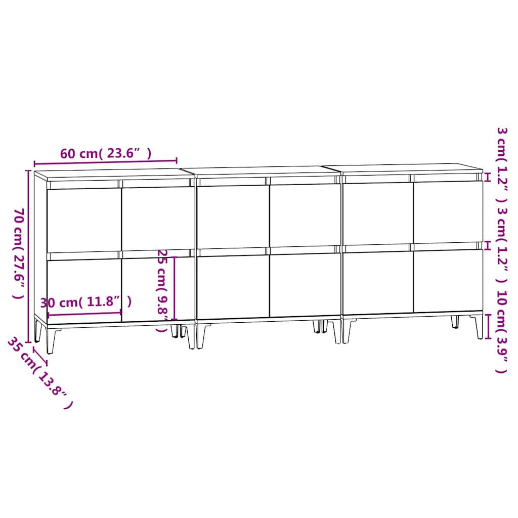 vidaXL Sideboards 3 pcs White 60x35x70 cm Engineered Wood