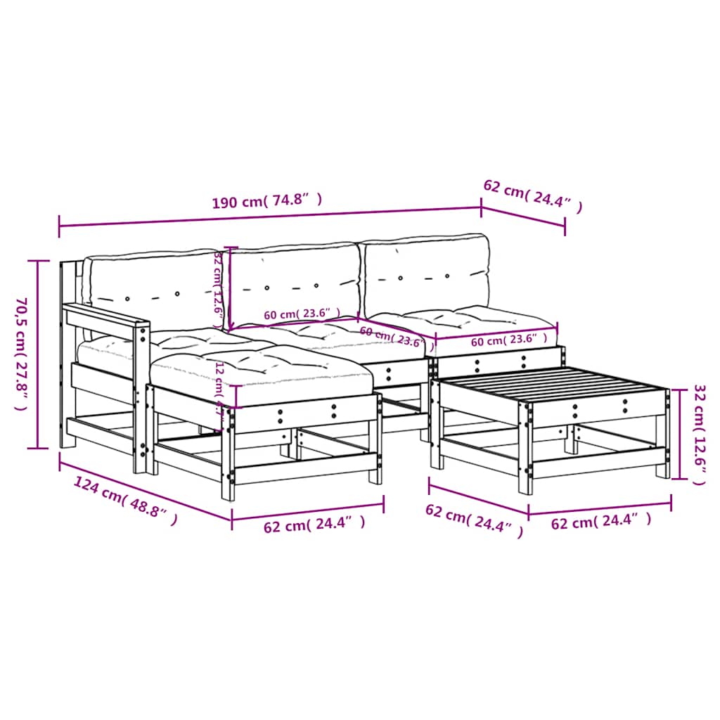 vidaXL 5 Piece Garden Lounge Set with Cushions Grey Solid Wood