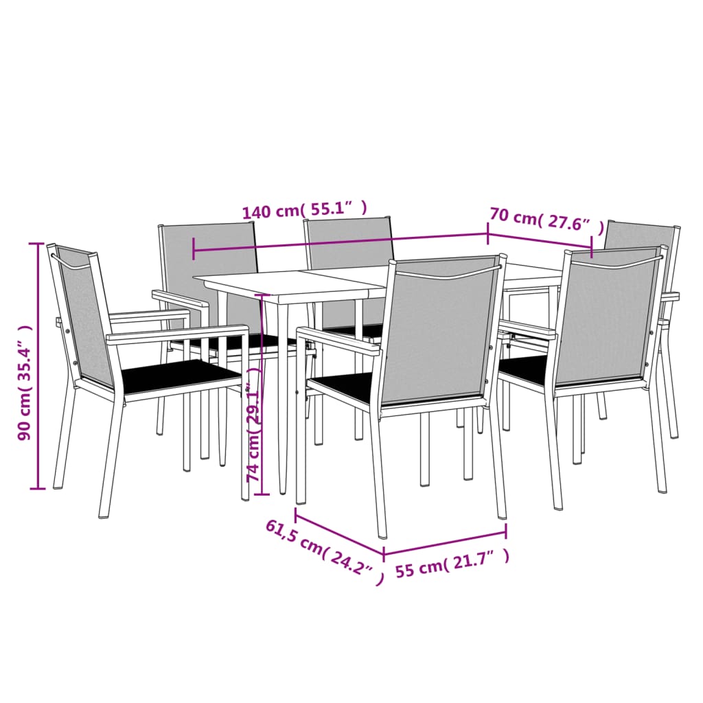 vidaXL 7 Piece Garden Dining Set Black Textilene and Steel