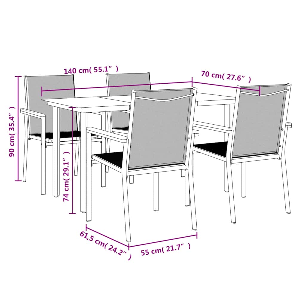 vidaXL 5 Piece Garden Dining Set Black Textilene and Steel
