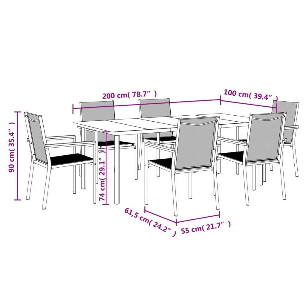 vidaXL 7 Piece Garden Dining Set Black Textilene and Steel