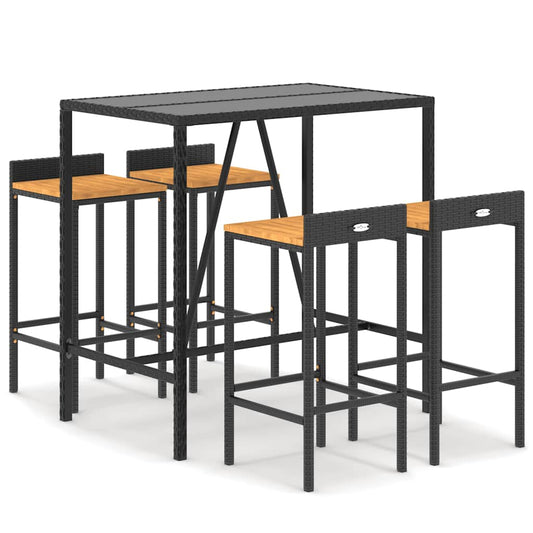 vidaXL 5 Piece Garden Bar Set Black Poly Rattan& Solid Wood Acacia