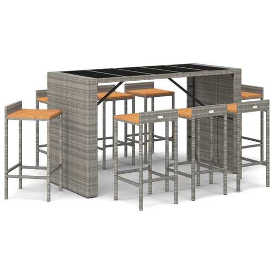 vidaXL Garden Bar Set | Grey | PE rattan, tempered glass, solid acacia wood