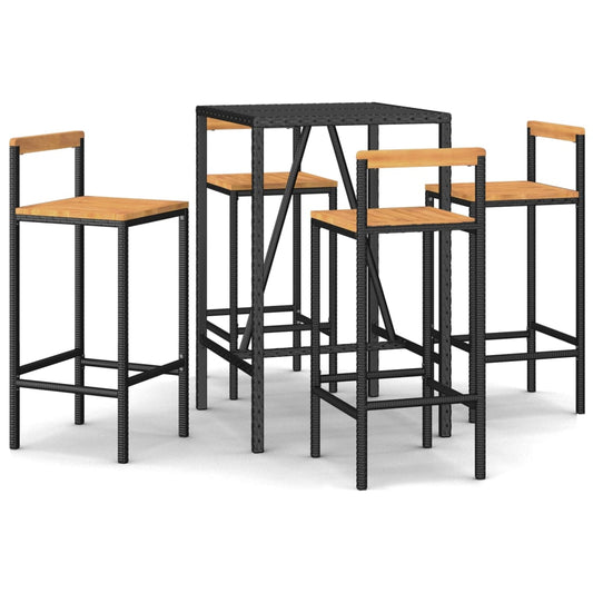 vidaXL 5 Piece Garden Bar Set Black Poly Rattan& Solid Wood Acacia