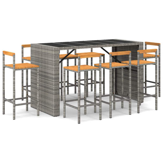 vidaXL 9 Piece Garden Bar Set Grey Poly Rattan& Solid Wood Acacia