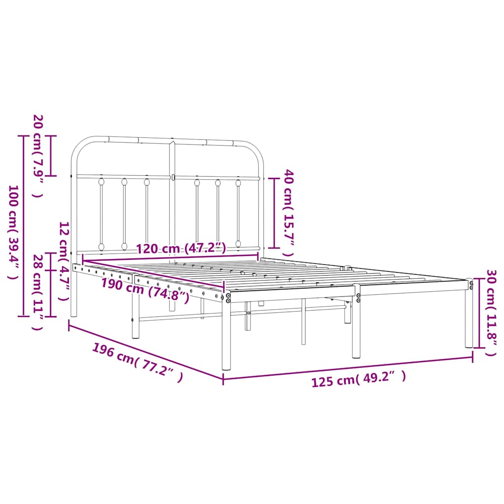 vidaXL Metal Bed Frame without Mattress with Headboard Black 120x190cm