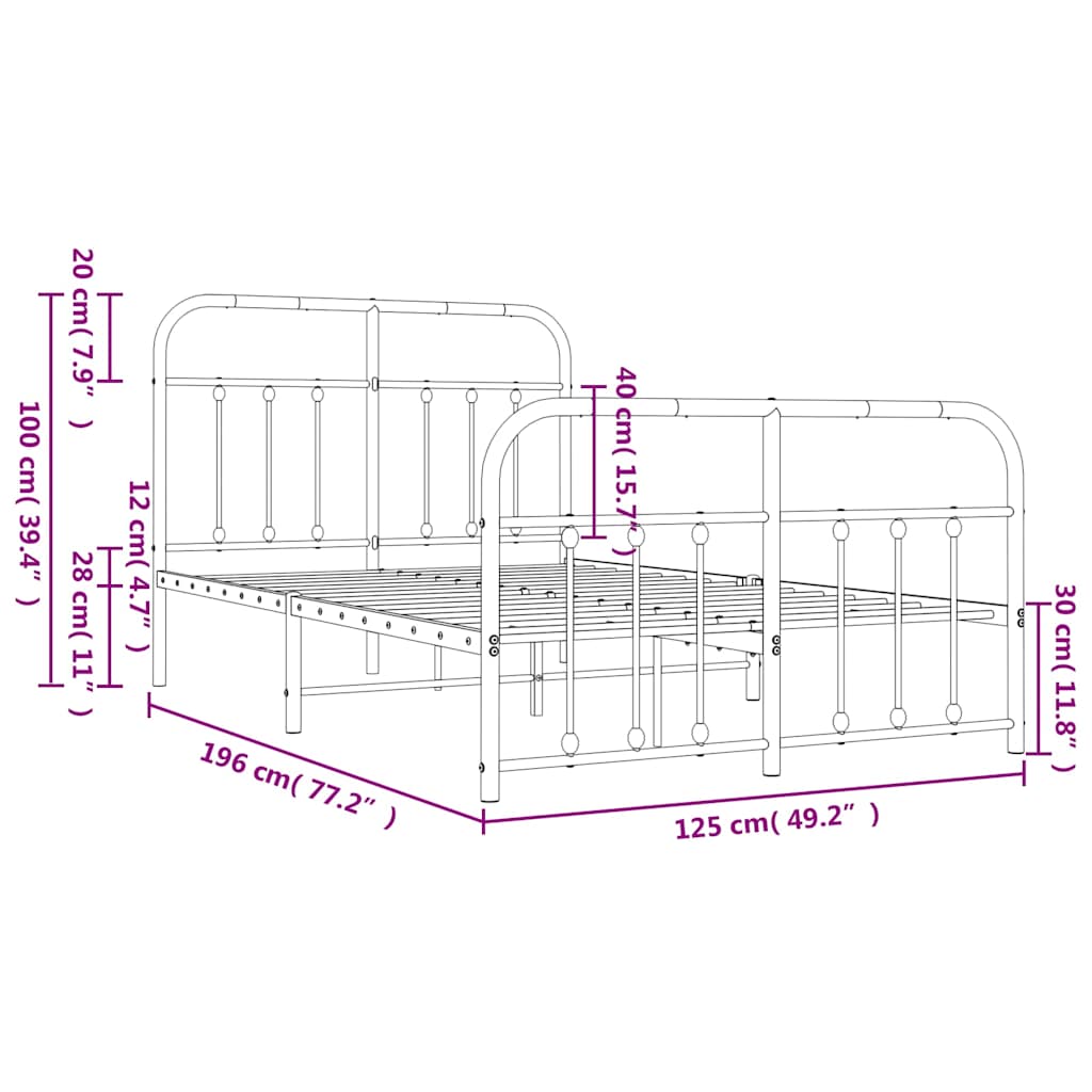 vidaXL Metal Bed Frame without Mattress with Footboard Black 120x190cm