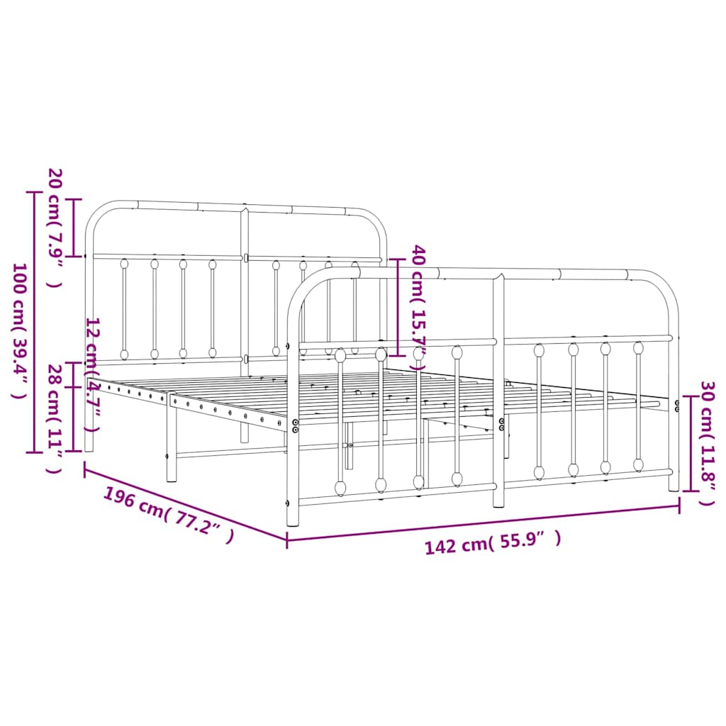 vidaXL Metal Bed Frame without Mattress with Footboard Black 135x190cm