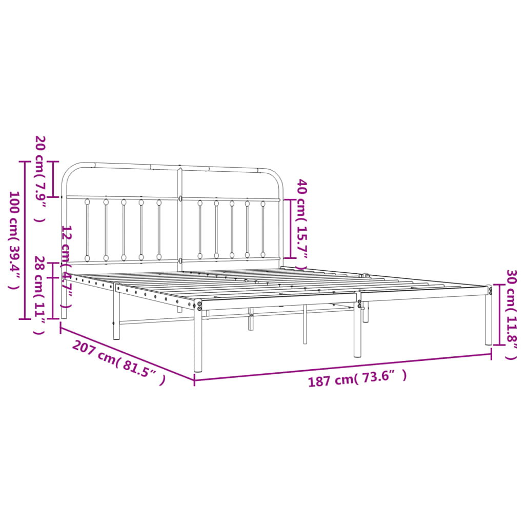 vidaXL Bed Frame | White | Powder-Coated Steel | 180x200 cm | | Rectangular