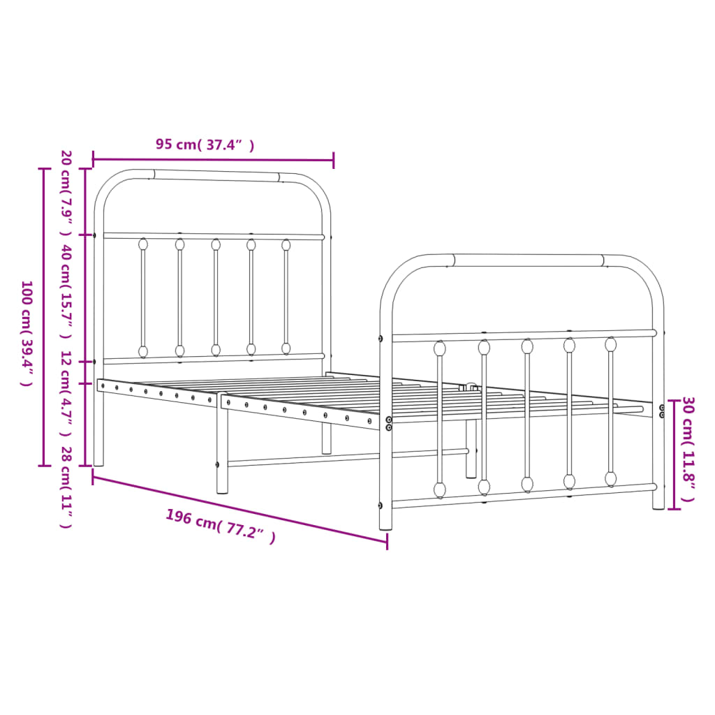 vidaXL Metal Bed Frame without Mattress with Footboard White 90x190cm
