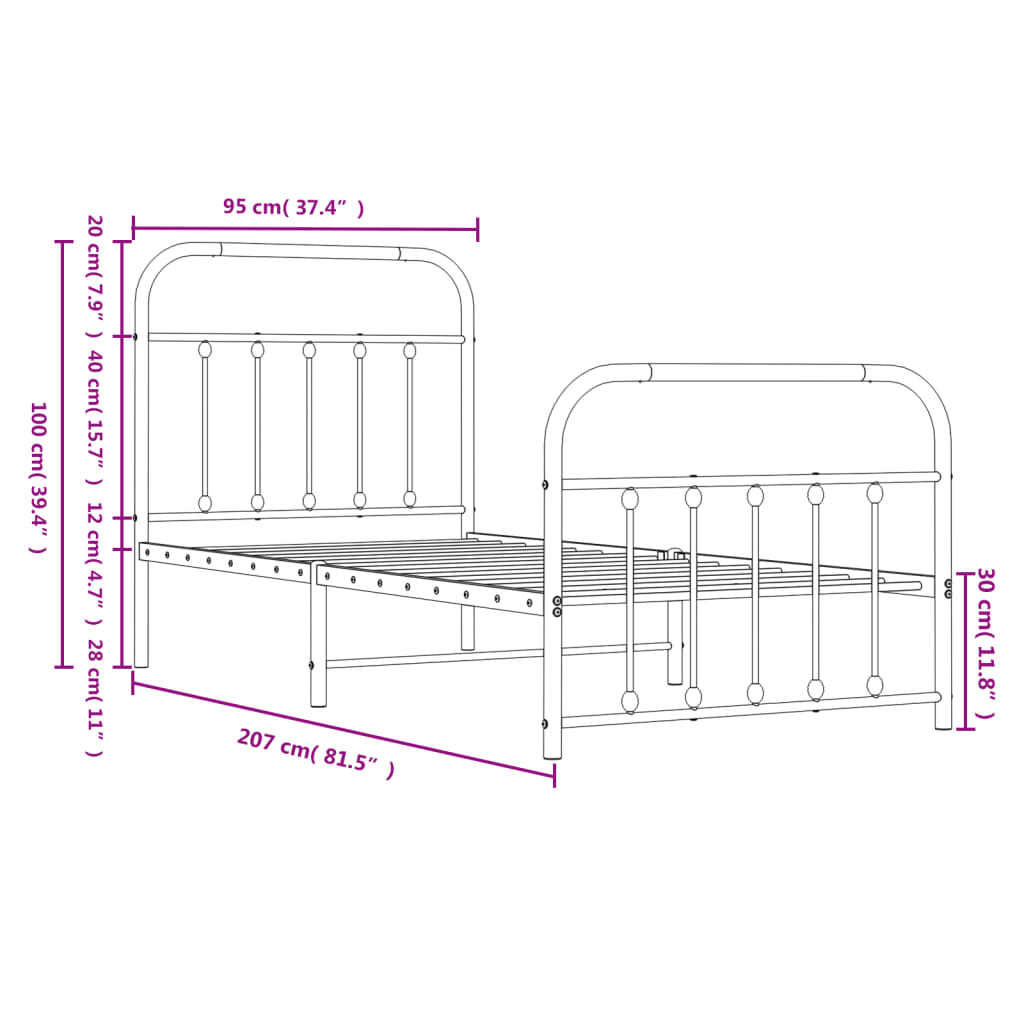 vidaXL Metal Bed Frame without Mattress with Footboard White 90x200cm