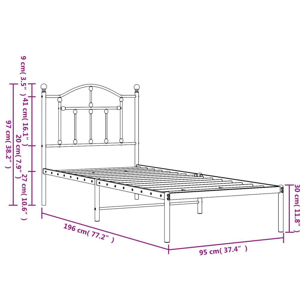 vidaXL Metal Bed Frame without Mattress with Headboard Black 90x190cm