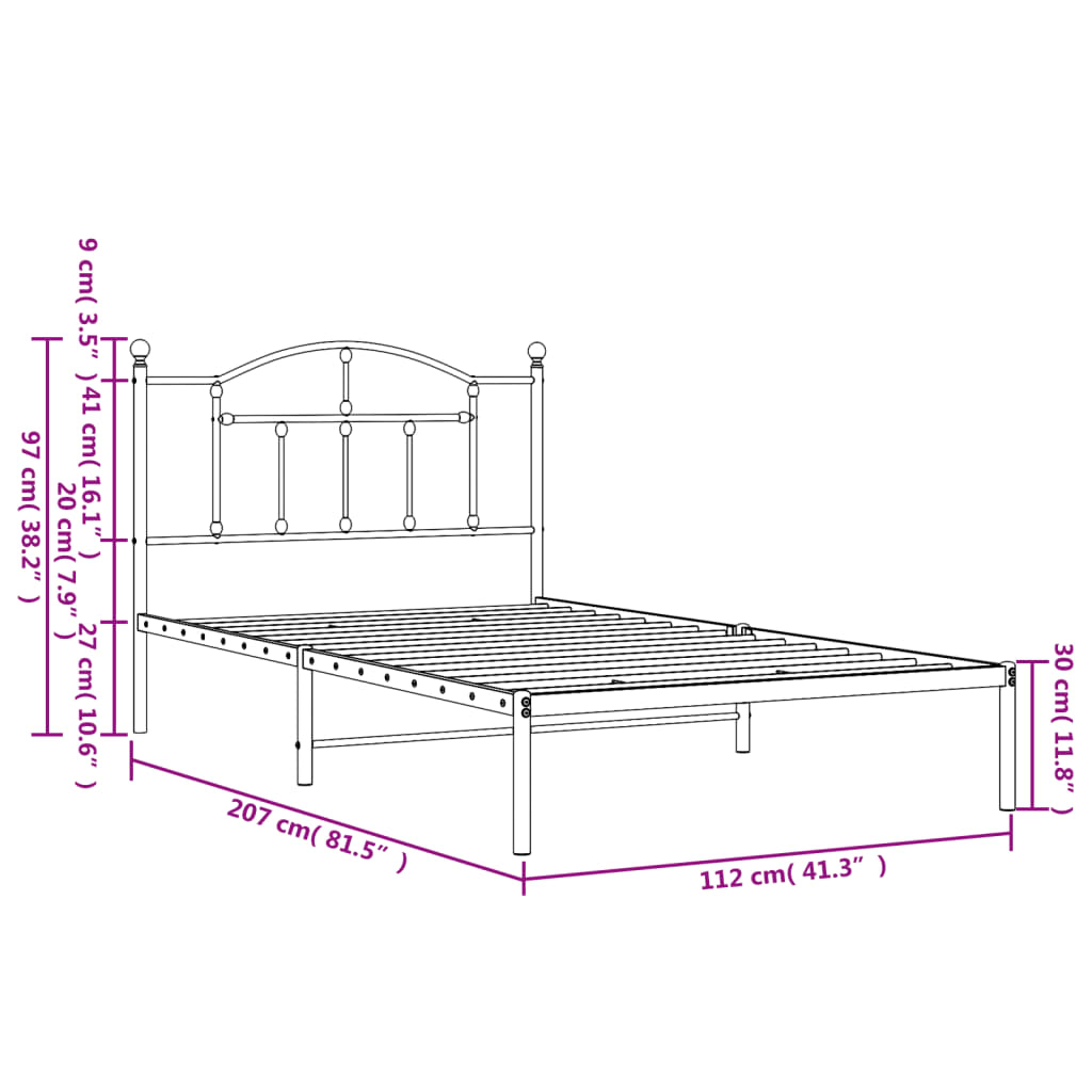 vidaXL Metal Bed Frame without Mattress with Headboard Black 107x203cm