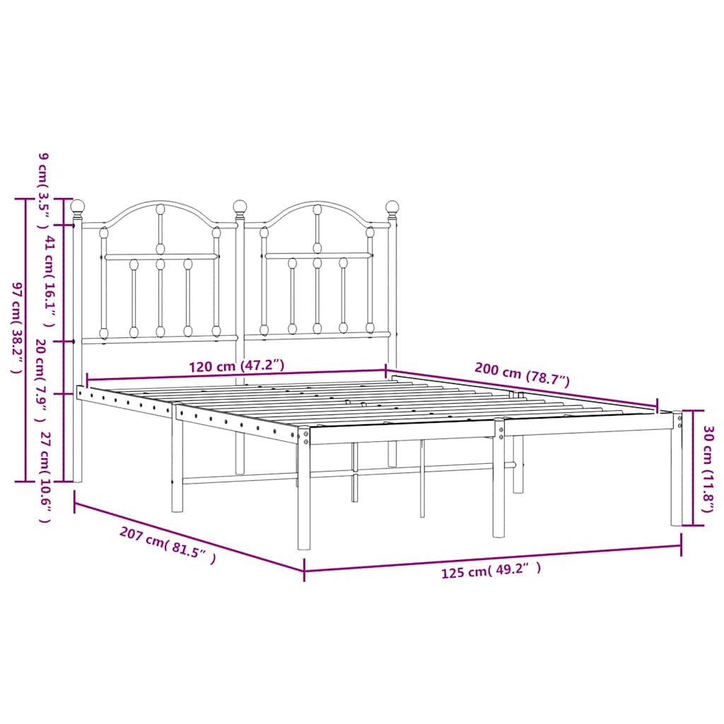 vidaXL Metal Bed Frame without Mattress with Headboard Black 120x200cm