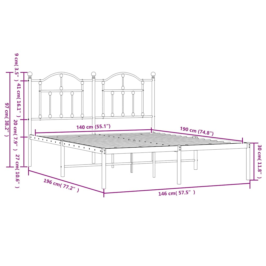 vidaXL Metal Bed Frame without Mattress with Headboard Black 140x190cm