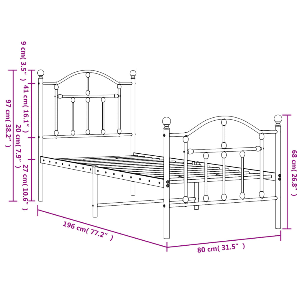 vidaXL Metal Bed Frame without Mattress with Footboard Black 75x190cm