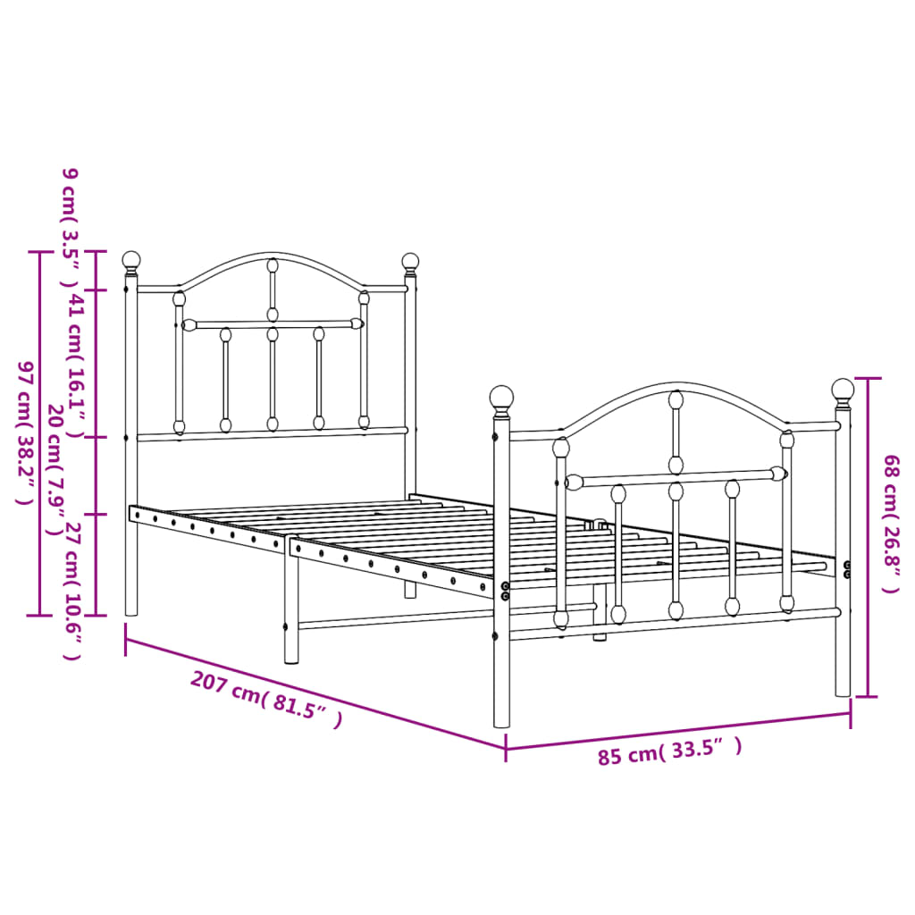 vidaXL Metal Bed Frame without Mattress with Footboard Black 80x200cm