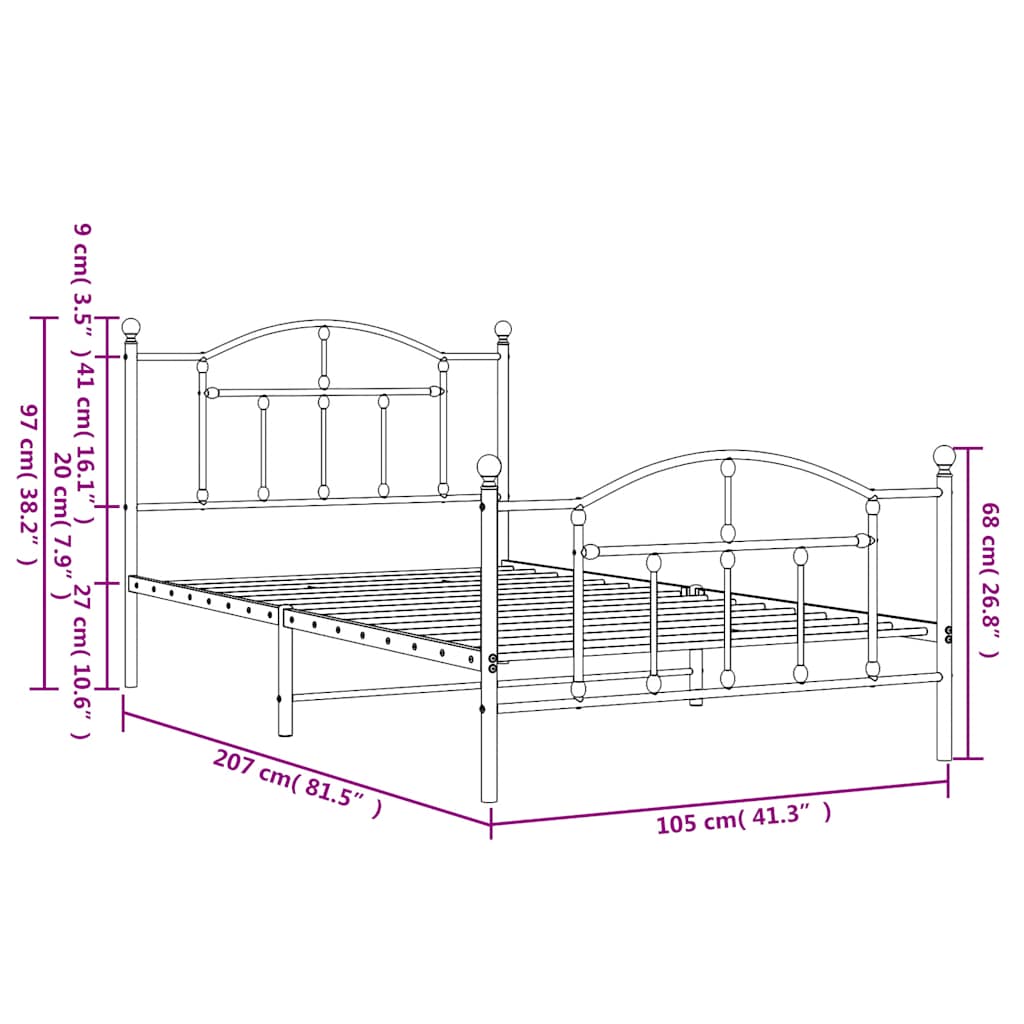 vidaXL Metal Bed Frame without Mattress with Footboard Black 100x200cm