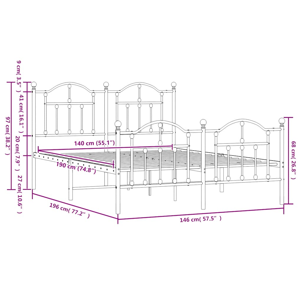 vidaXL Metal Bed Frame without Mattress with Footboard Black 140x190cm