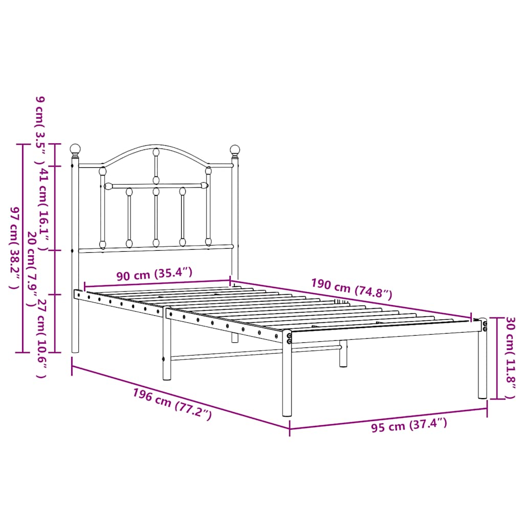 vidaXL Metal Bed Frame without Mattress with Headboard White 90x190cm