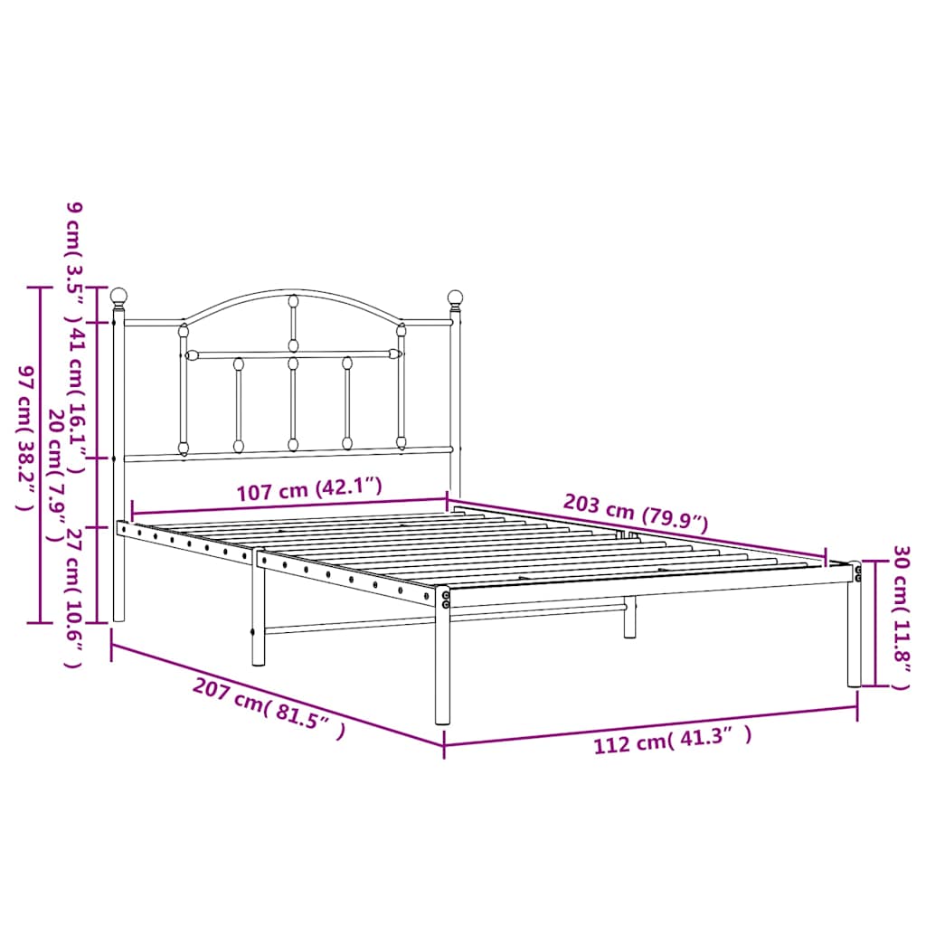 vidaXL Metal Bed Frame without Mattress with Headboard White 107x203cm