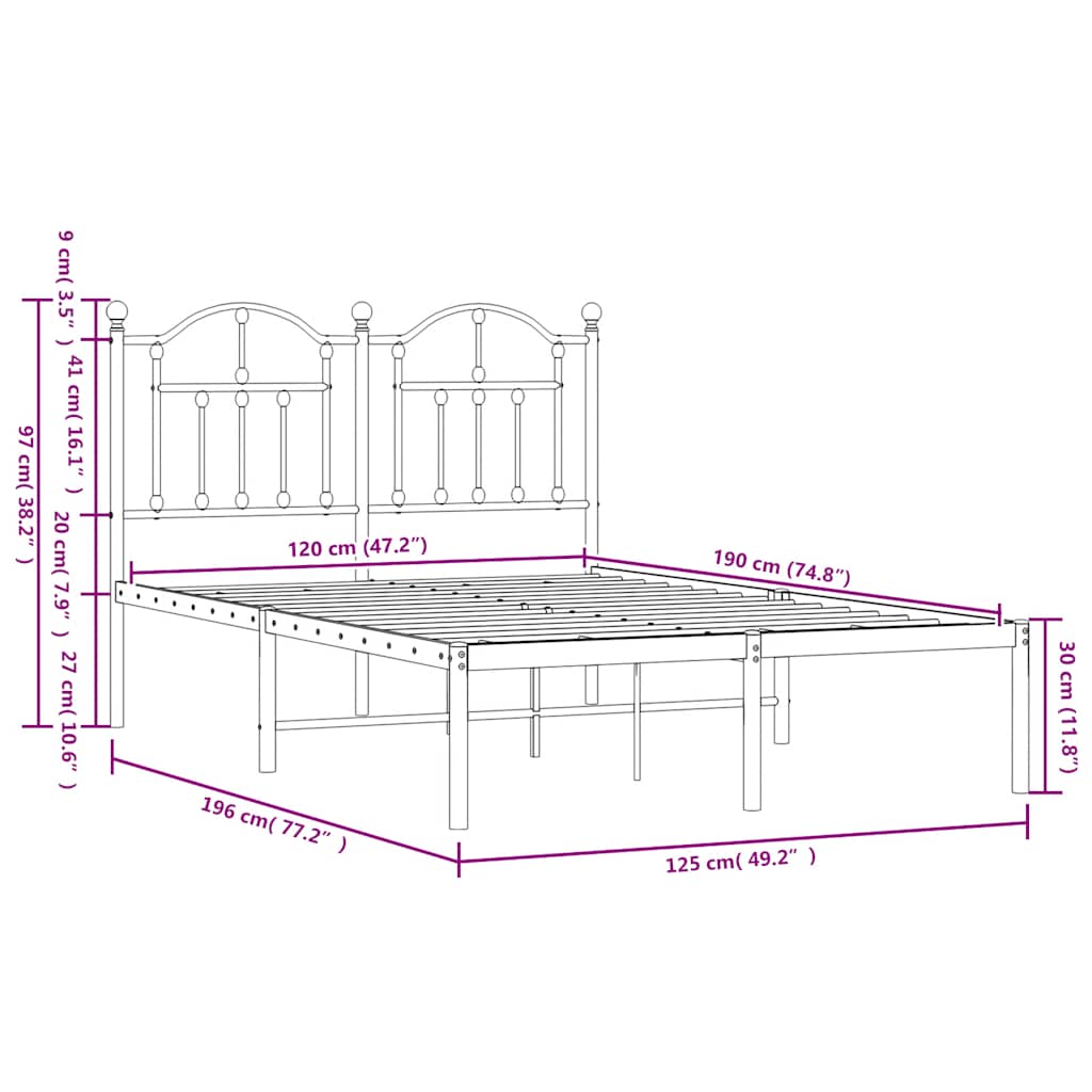 vidaXL Metal Bed Frame without Mattress with Headboard White 120x190cm