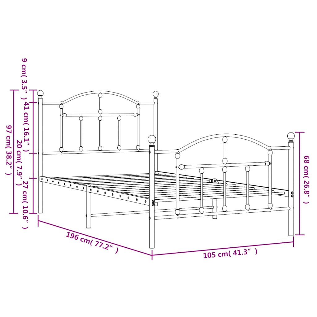 vidaXL Metal Bed Frame without Mattress with Footboard White 100x190cm