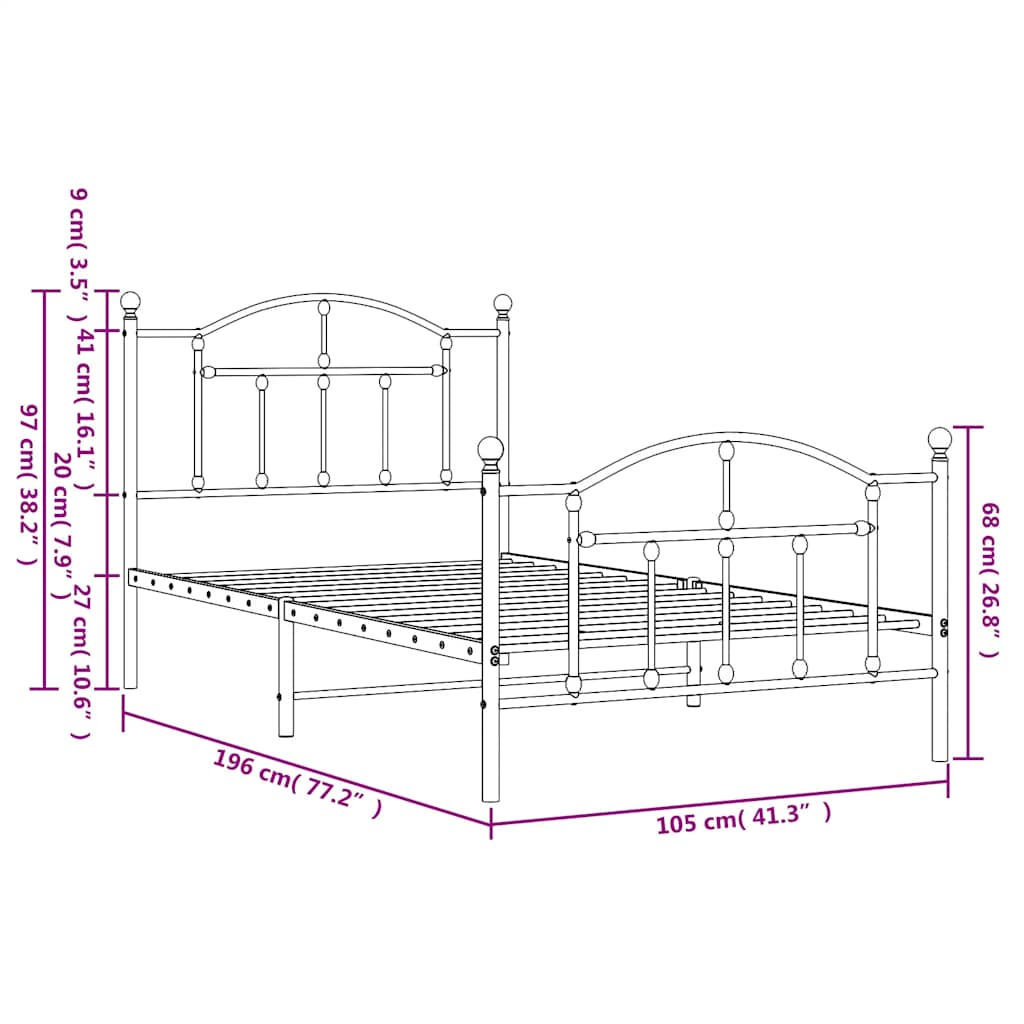 vidaXL Metal Bed Frame without Mattress with Footboard White 100x190cm