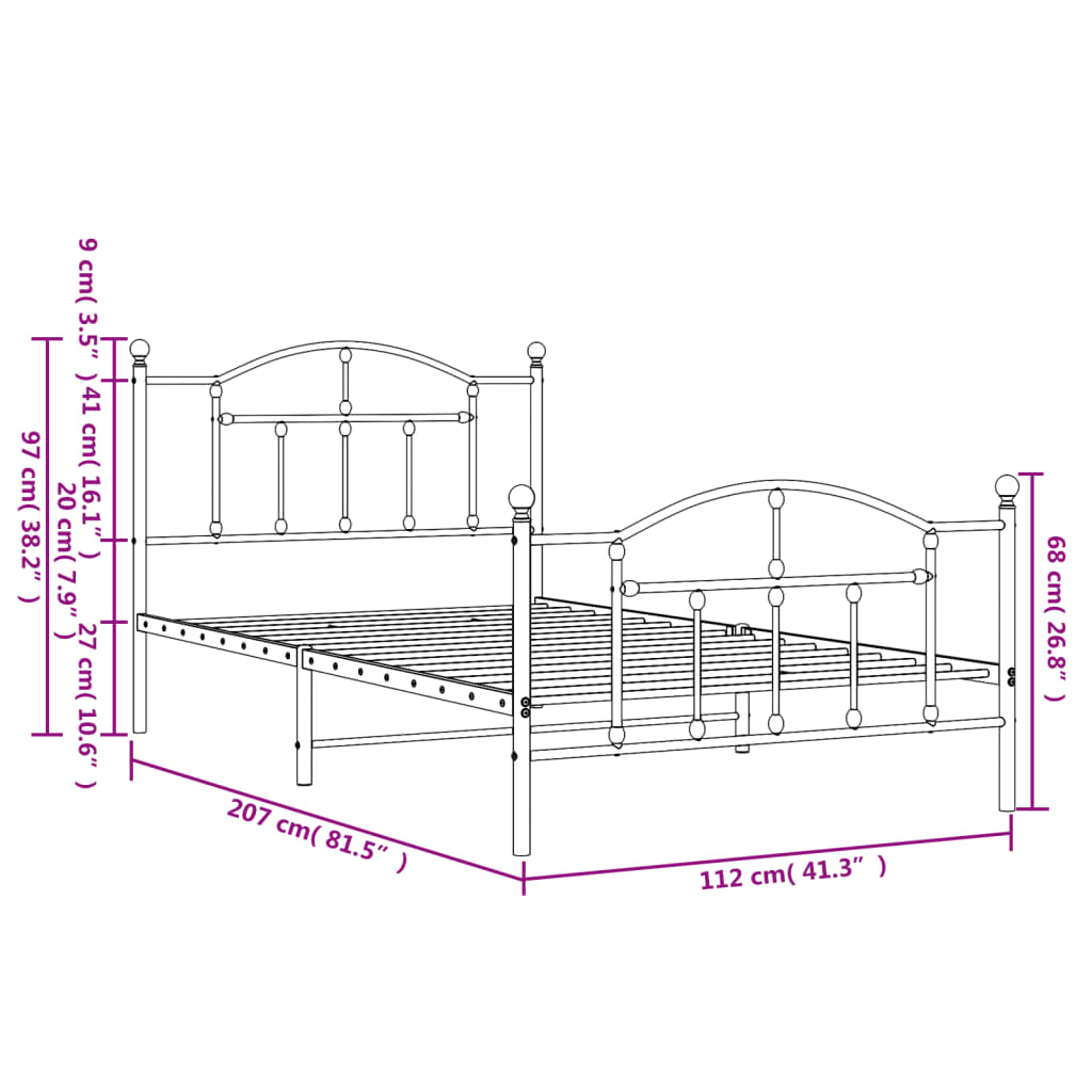 vidaXL Metal Bed Frame without Mattress with Footboard White 107x203cm