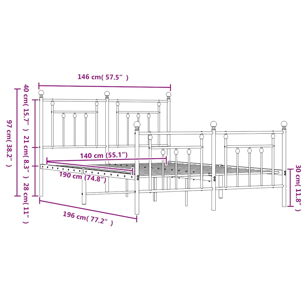 vidaXL Metal Bed Frame without Mattress with Footboard Black 140x190cm