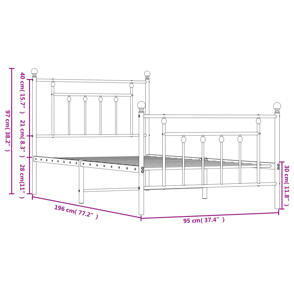 vidaXL Metal Bed Frame without Mattress with Footboard White 90x190cm