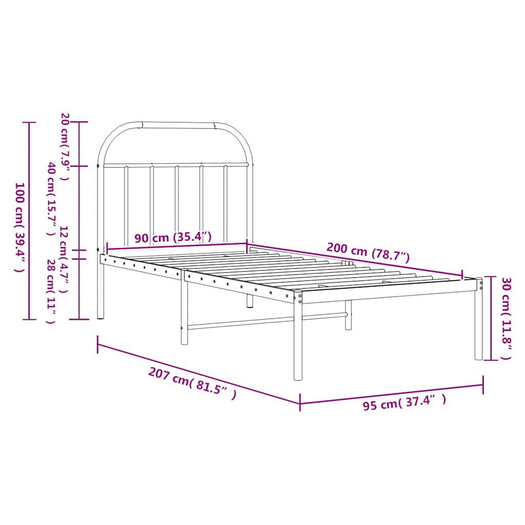 vidaXL Metal Bed Frame without Mattress with Headboard Black 90x200cm