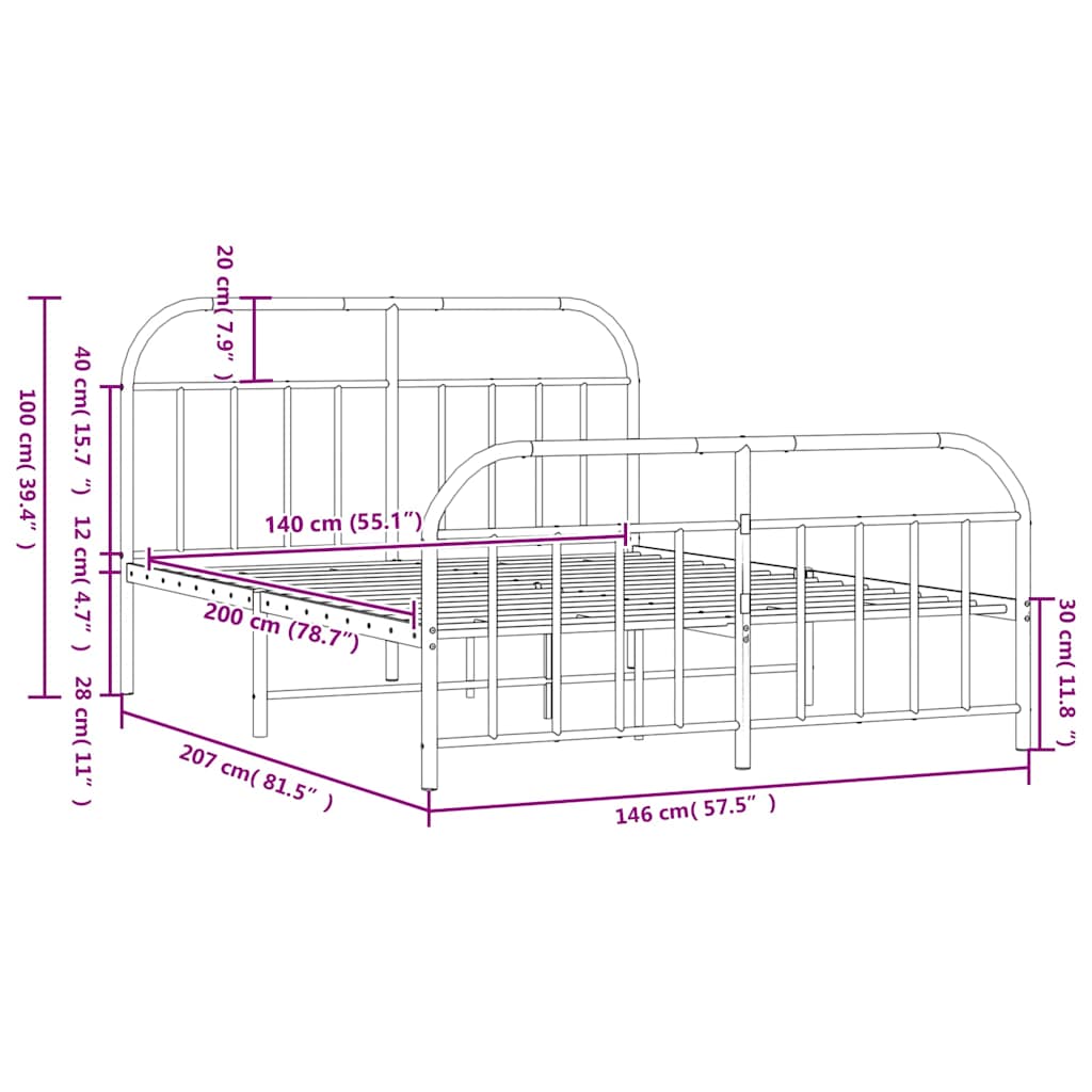 vidaXL Metal Bed Frame without Mattress with Footboard Black 140x200cm