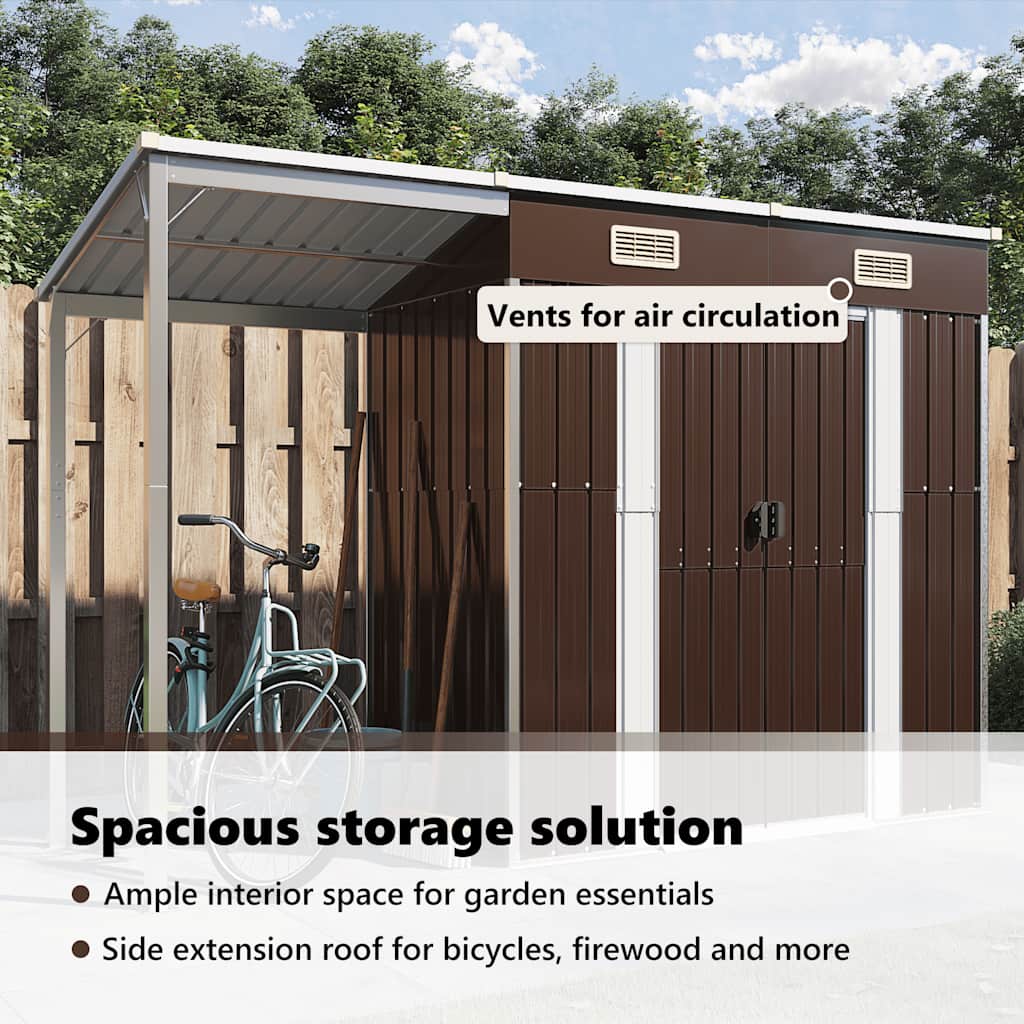vidaXL Garden Shed with Extended Roof Brown 277x107x181 cm Steel