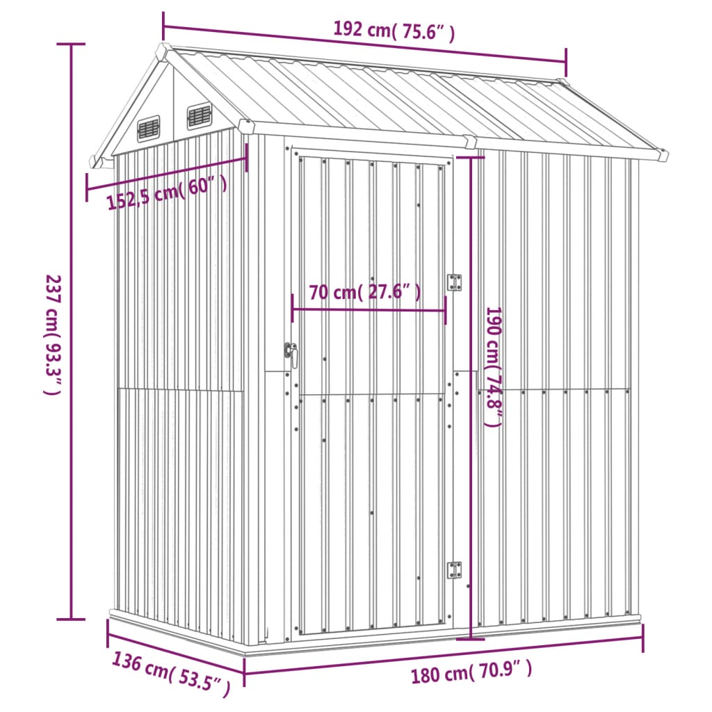 vidaXL Garden Shed Light Grey 192x152,5x237 cm Galvanised Steel