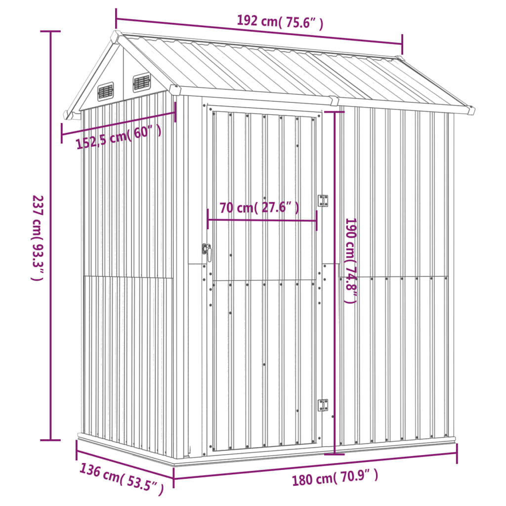 vidaXL Garden Shed Anthracite 192x152,5x237 cm Galvanised Steel