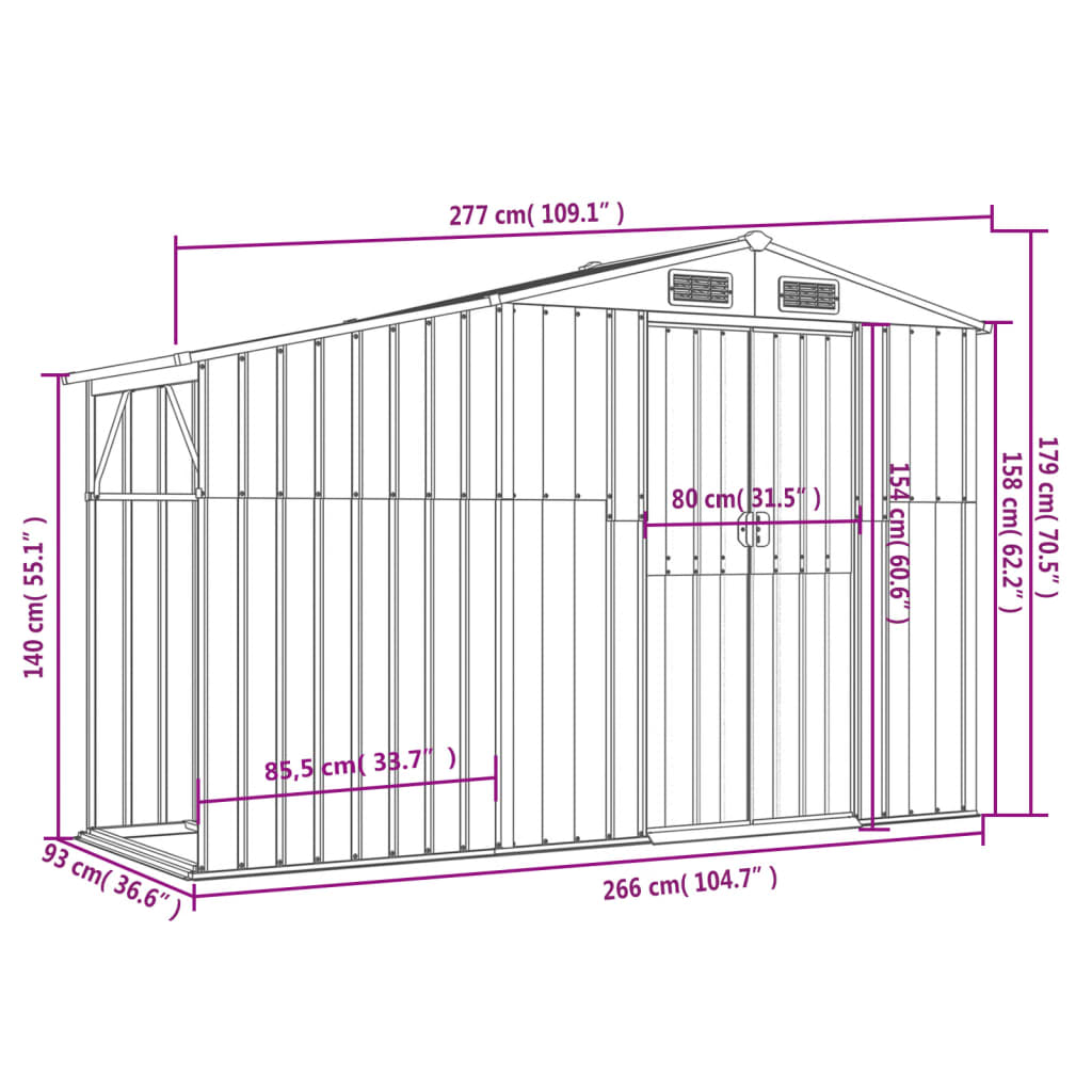 vidaXL Garden Shed Green 277x93x179 cm Galvanised Steel