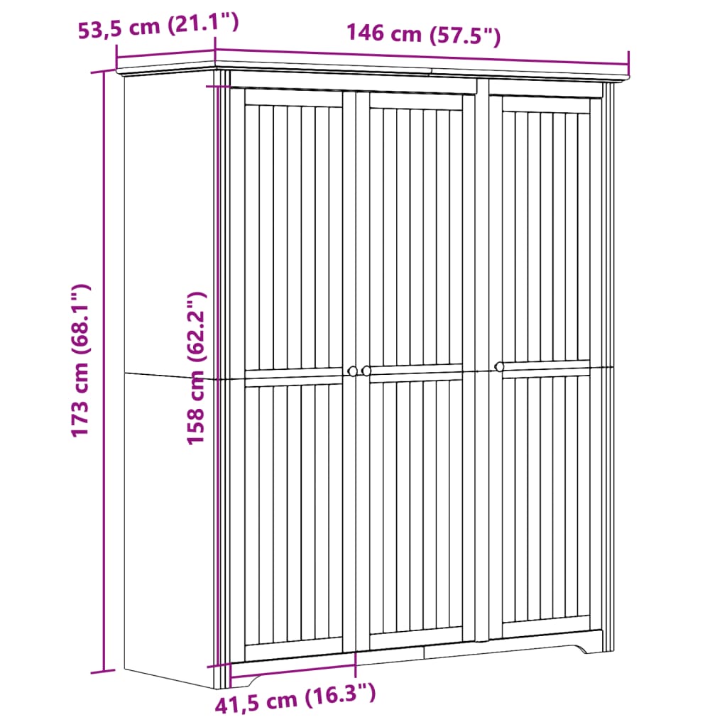 vidaXL Wardrobe "BODO" White 146x53,5x173 cm Solid Wood Pine