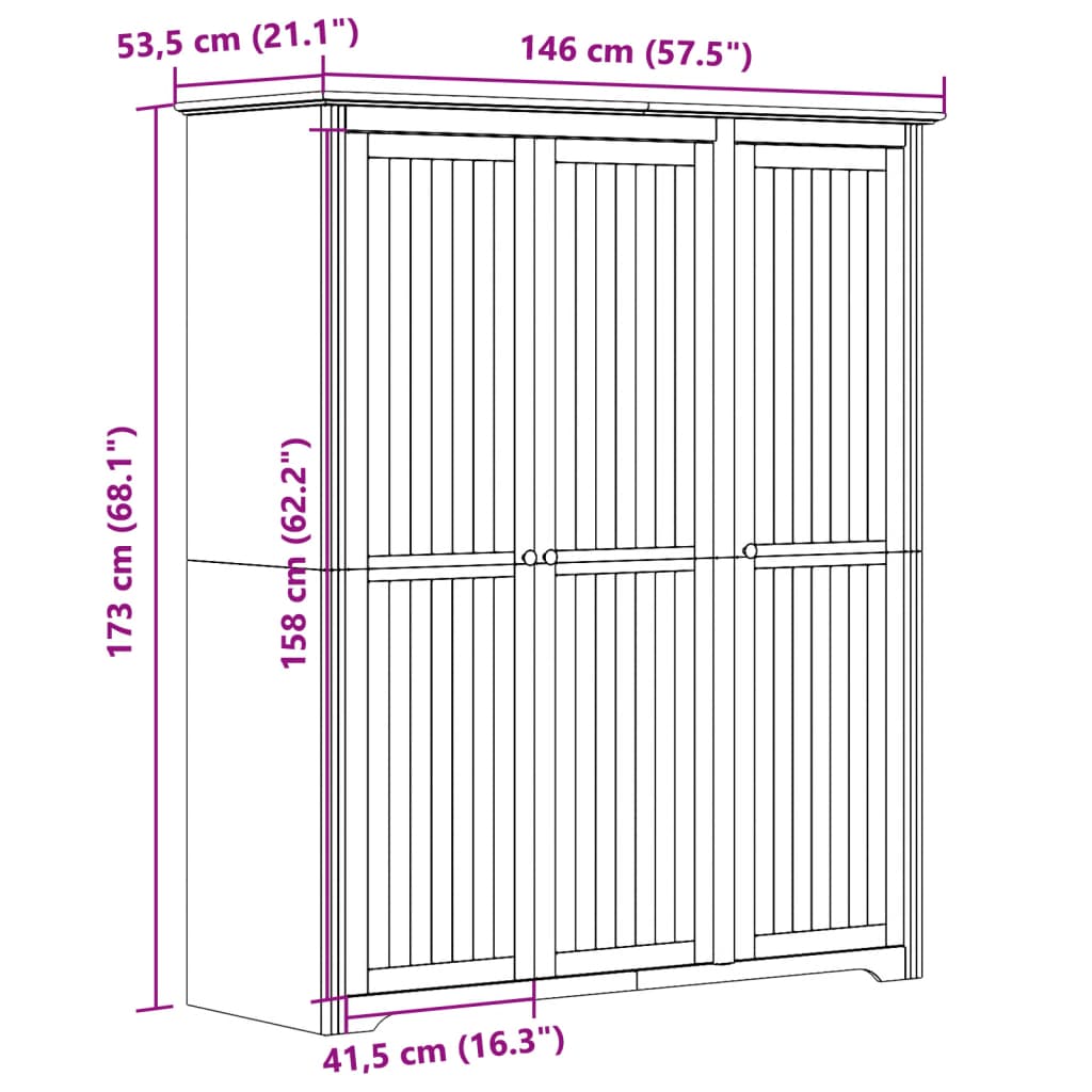 vidaXL Wardrobe "BODO" Grey 146x53,5x173 cm Solid Wood Pine