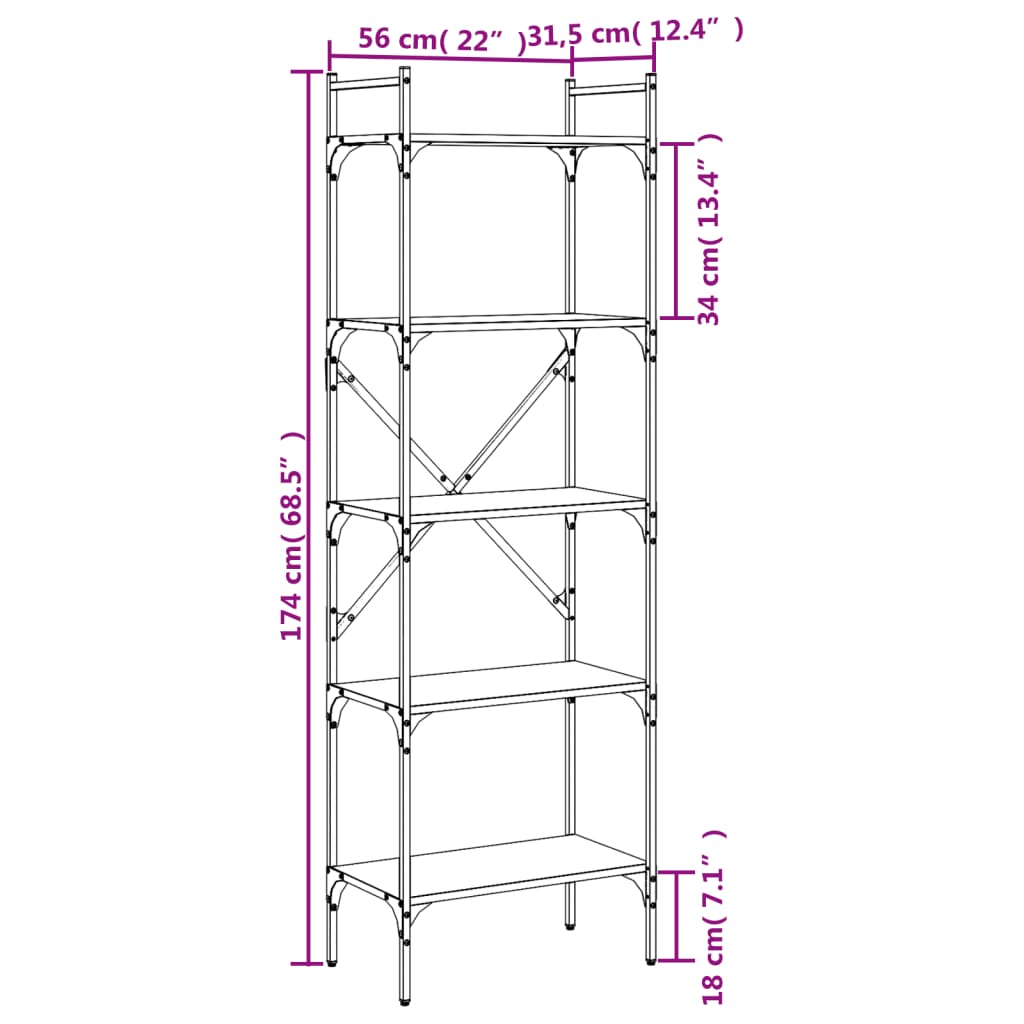 vidaXL Bookcase 5-Tier Black 56x31,5x174 cm Engineered Wood