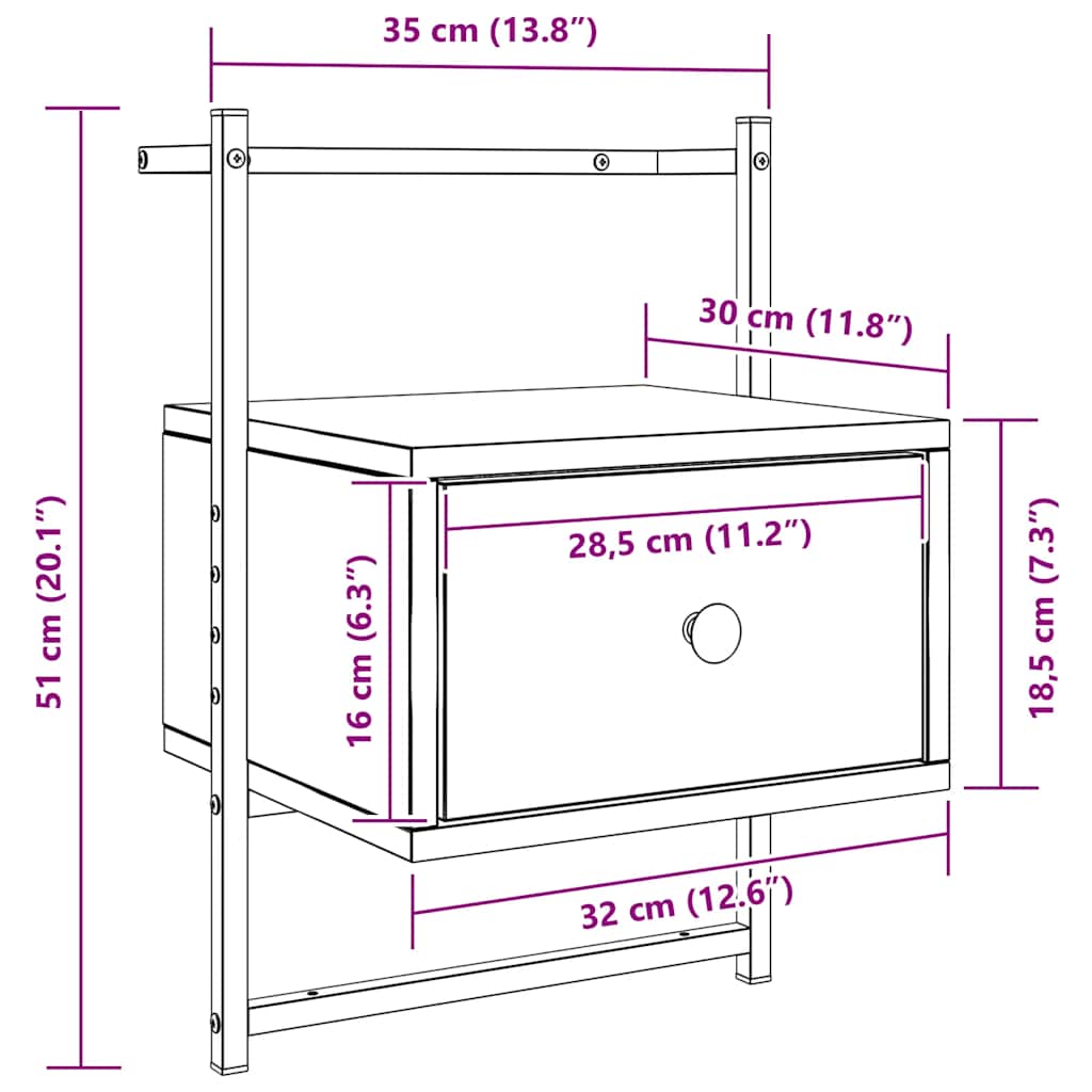vidaXL Bedside Cabinet Wall-mounted Smoked Oak 35x30x51 cm Engineered Wood