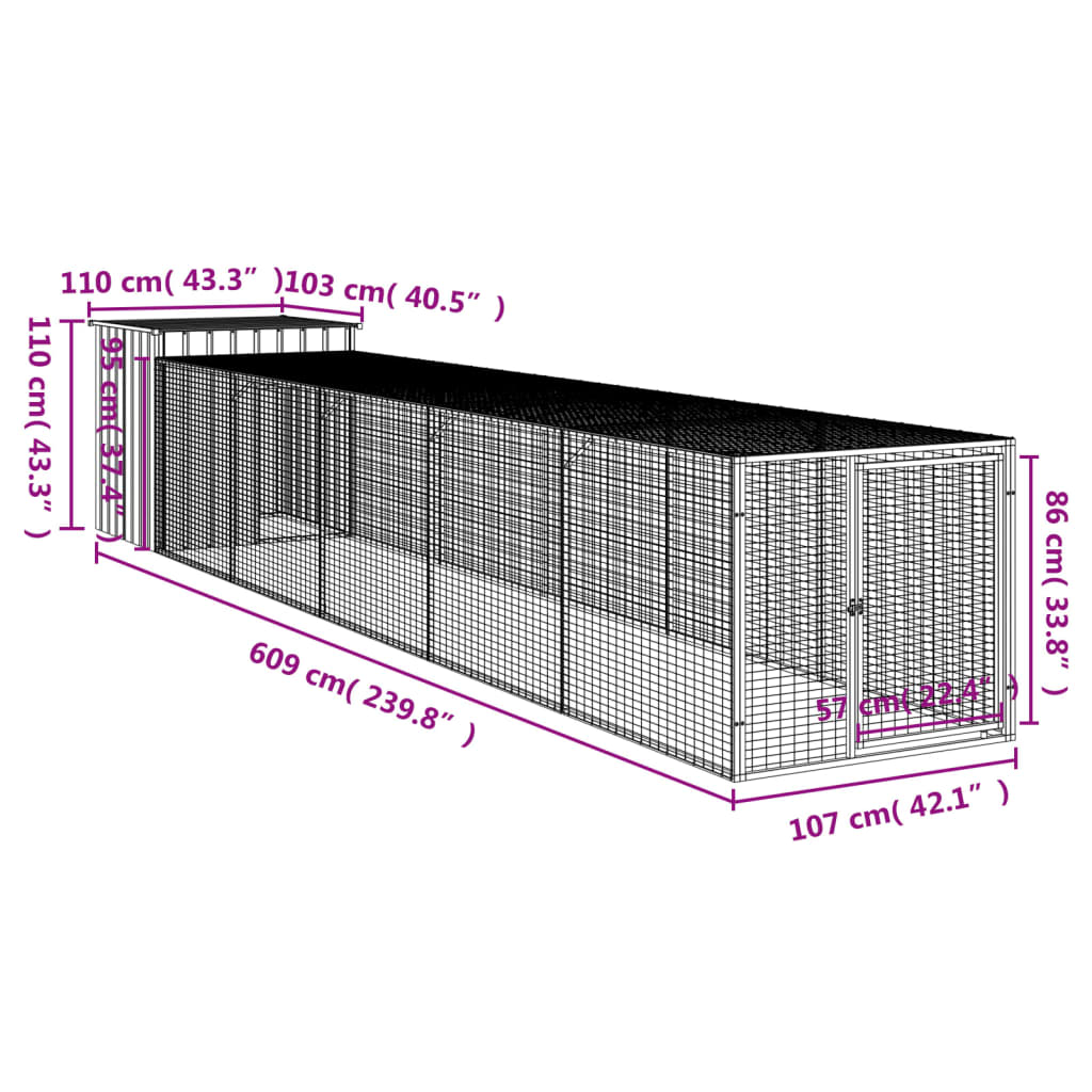 vidaXL Chicken Cage with Run Light Grey 110x609x110cm Galvanised Steel
