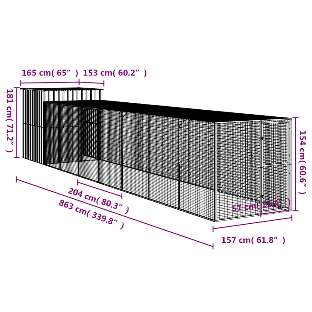 vidaXL Chicken Cage with Run Light Grey 165x863x181 cm Galvanised Steel