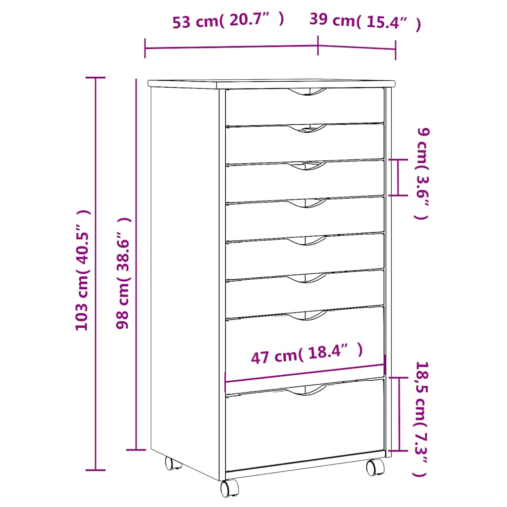 vidaXL Rolling Cabinet with Drawers MOSS White Solid Wood Pine