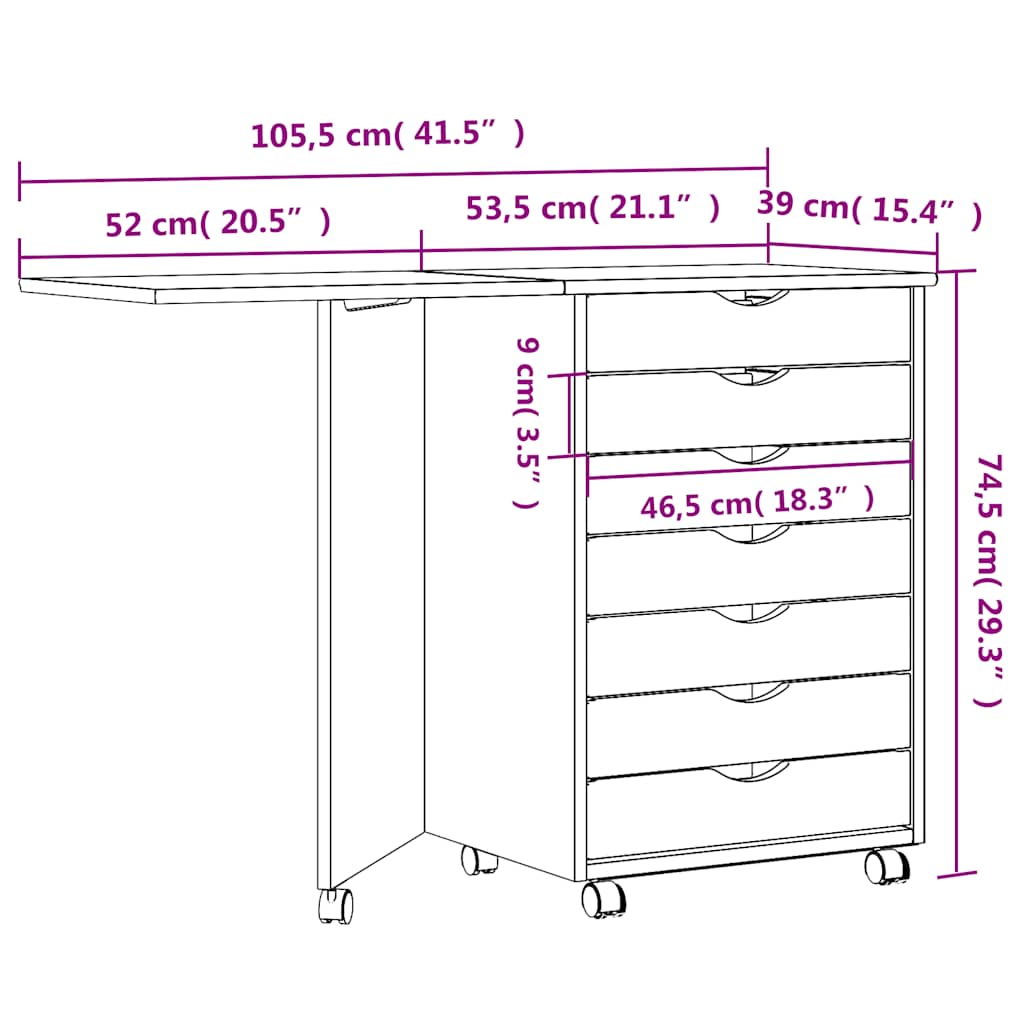 vidaXL Rolling Cabinet with Desk "MOSS" Honey Brown Solid Wood Pine