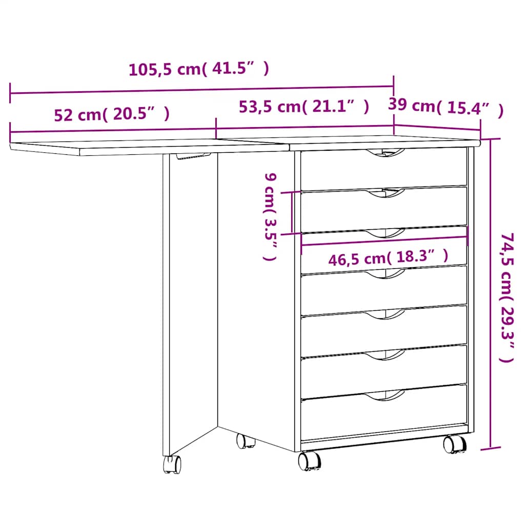 vidaXL Rolling Cabinet with Desk "MOSS" White Solid Wood Pine