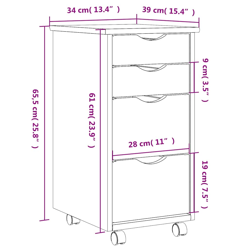 vidaXL Rolling Cabinet with Drawers "MOSS" White Solid Wood Pine