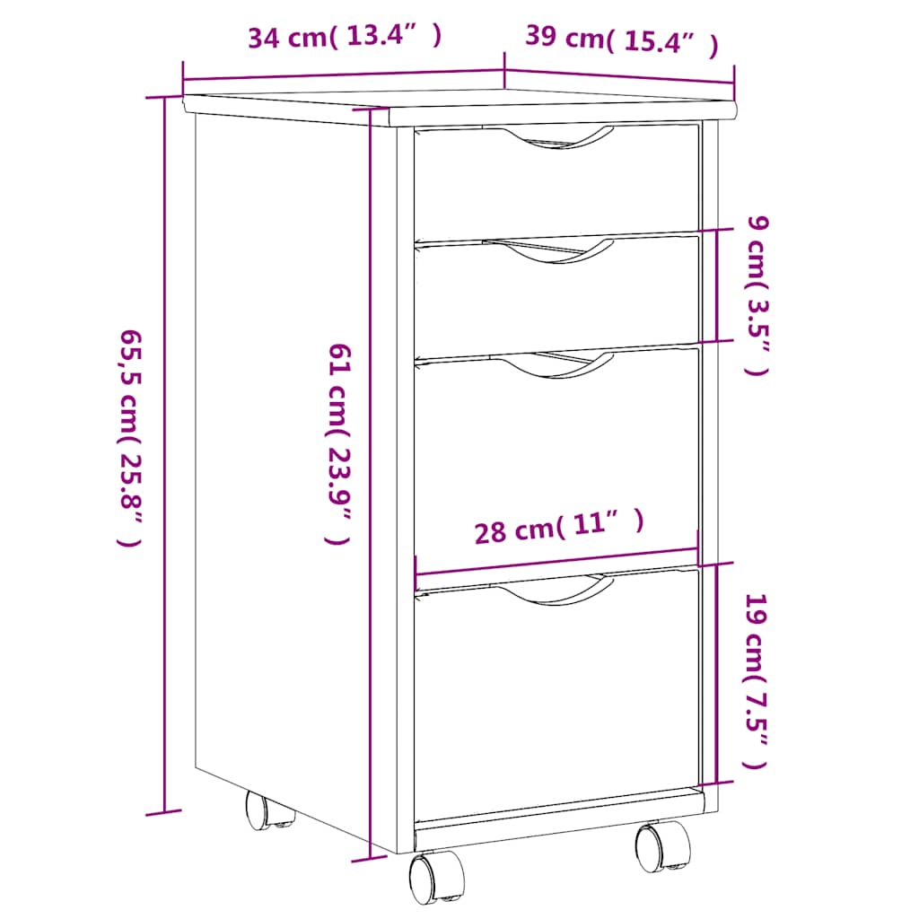 vidaXL Rolling Cabinet with Drawers "MOSS" Grey Solid Wood Pine