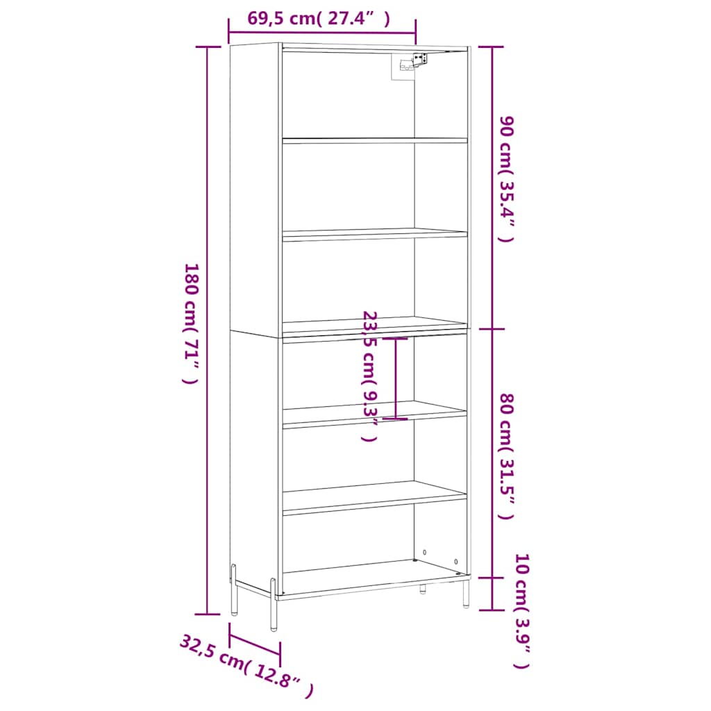 vidaXL Highboard Black 69,5x32,5x180 cm Engineered Wood
