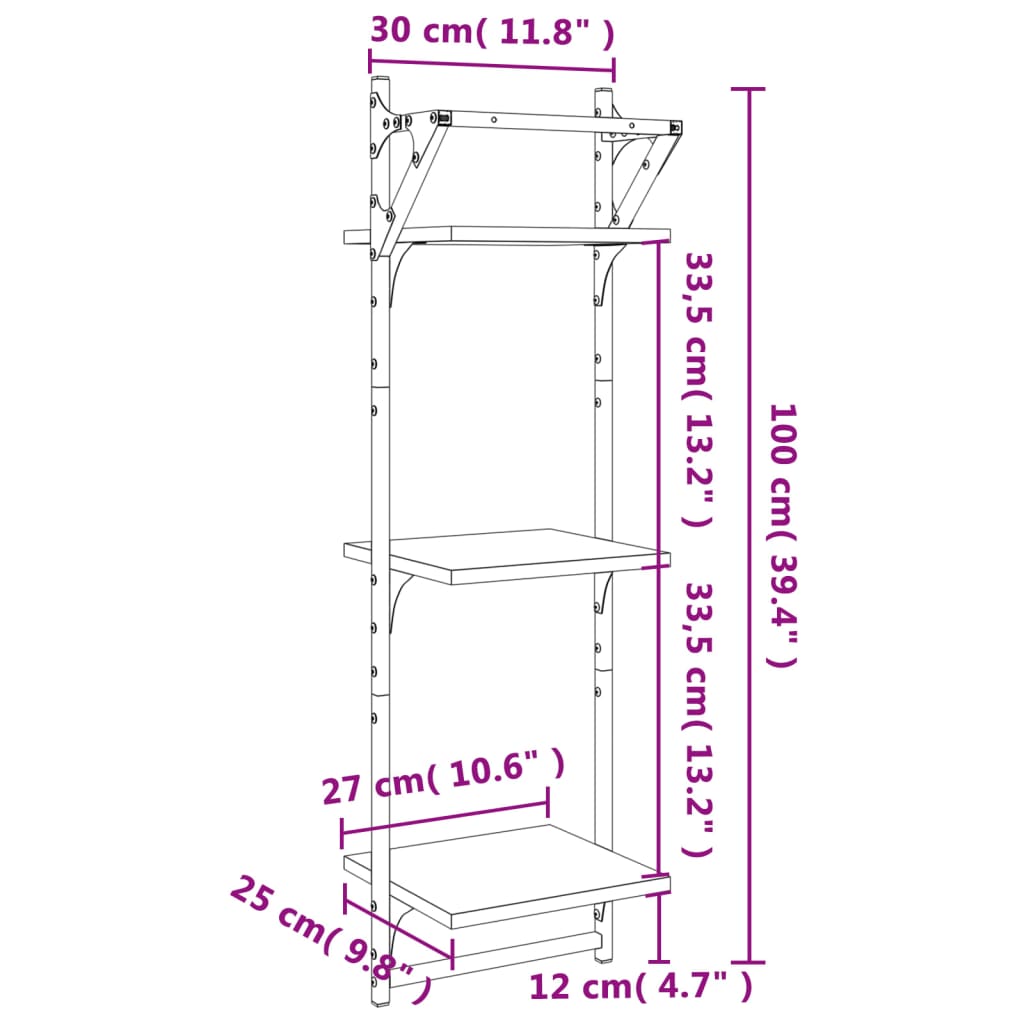 vidaXL 3-Tier Wall Shelves with Bars 2 pcs Black 30x25x100 cm